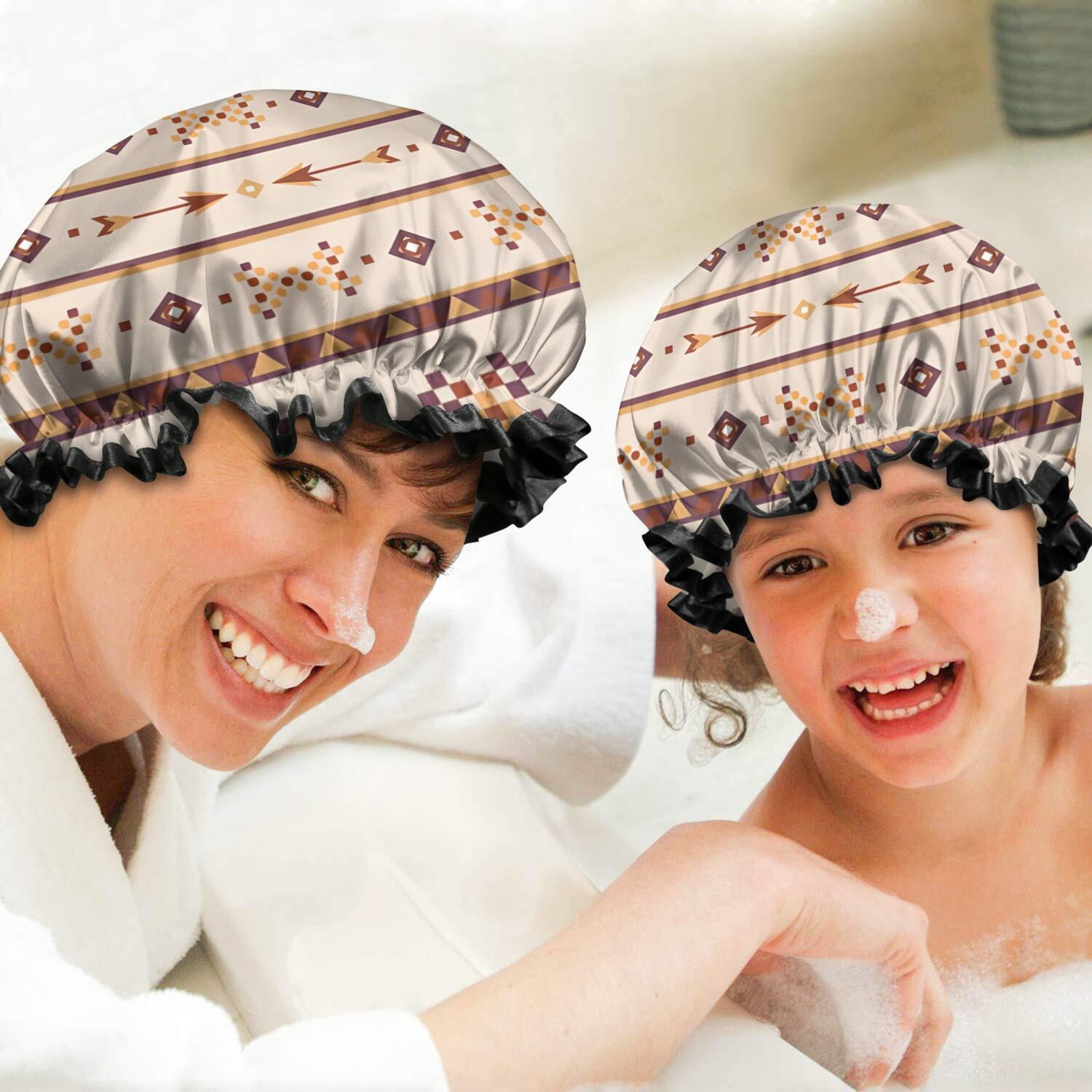 Shower Caps,Brown Ethnic Arrow Pattern Waterproof Shower Cap for Women 4 Pieces,Double Reusable Hair Cover for Shower PEVA Elastic Stretch Hem