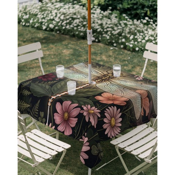 Outdoor Tablecloth with Umbrella Hole, Farm Dragonfly Flower Leaf Watercolor Zippered Table Cloth for Rectangle Tables, Tropical Plant Washable Waterproof Tablecloths for Picnic Patio Garden