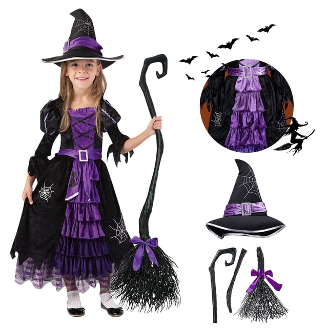 Joyfy Ensemble de Costume de Sorcière de Conte de Fées pour Filles, Déguisement d'Halloween pour Enfants avec Balai et Chapeau pour Fête d'Halloween et Jeu de Rôle, S