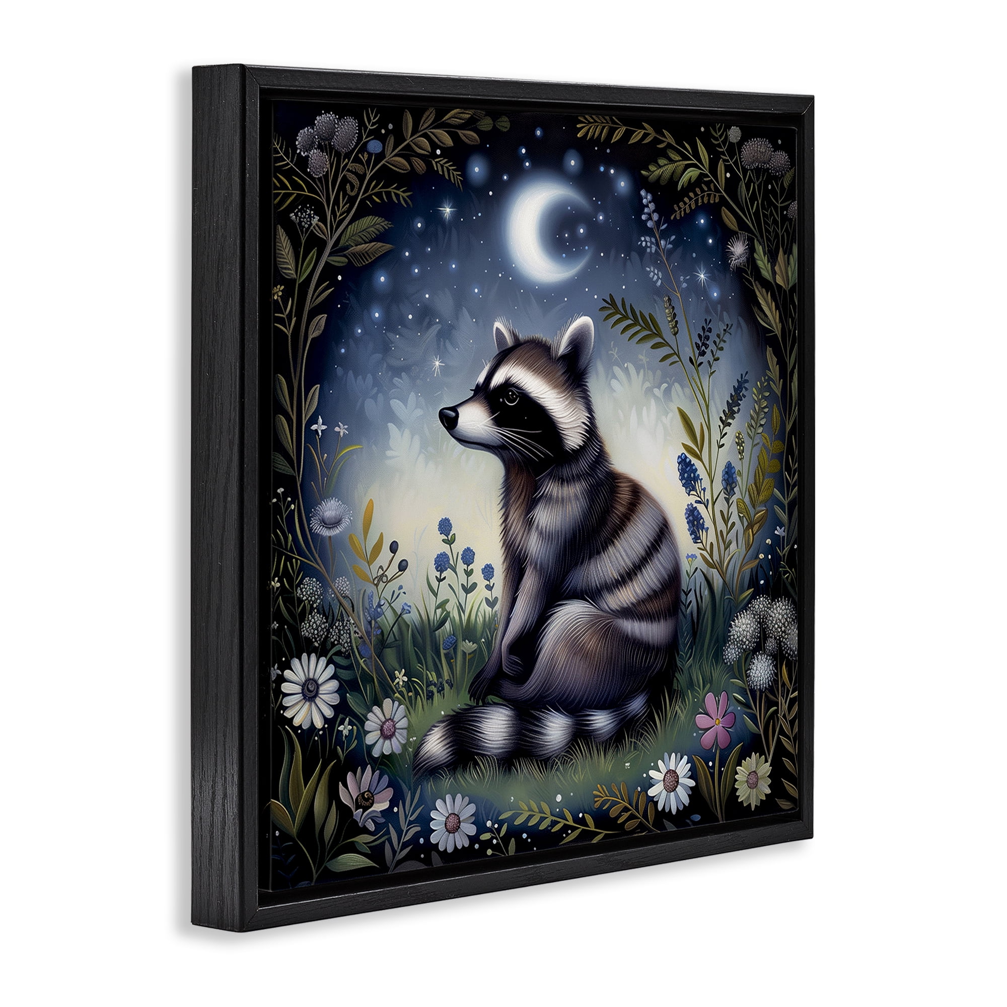 Stupell Industries Raccoon Under Night Forest Animals Painting Black Floater Framed Canvas Art Print Wall Art, 25 x 25