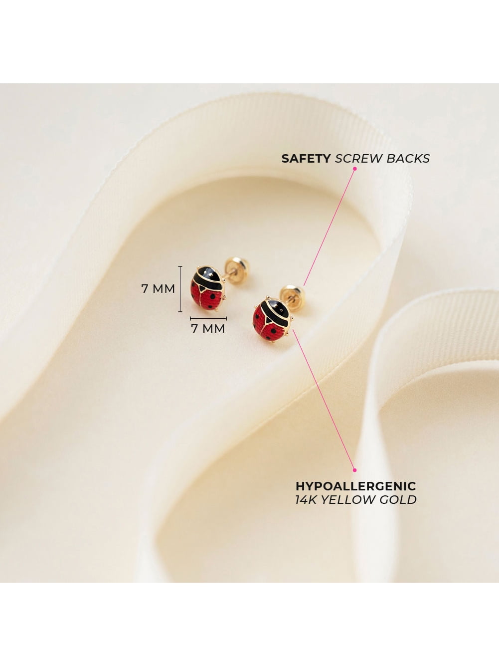 14k Yellow Gold Red Enamel Ladybug Screw Back Earrings for Infants to Toddlers