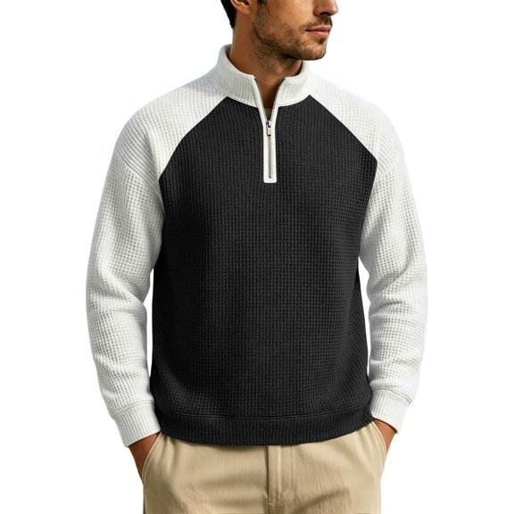 TOUMENY Men Half Zip Sweater Stand Collar Long Sleeve Color Block Casual Loose Pullover Fall Winter Fashion Knit Tops Black L