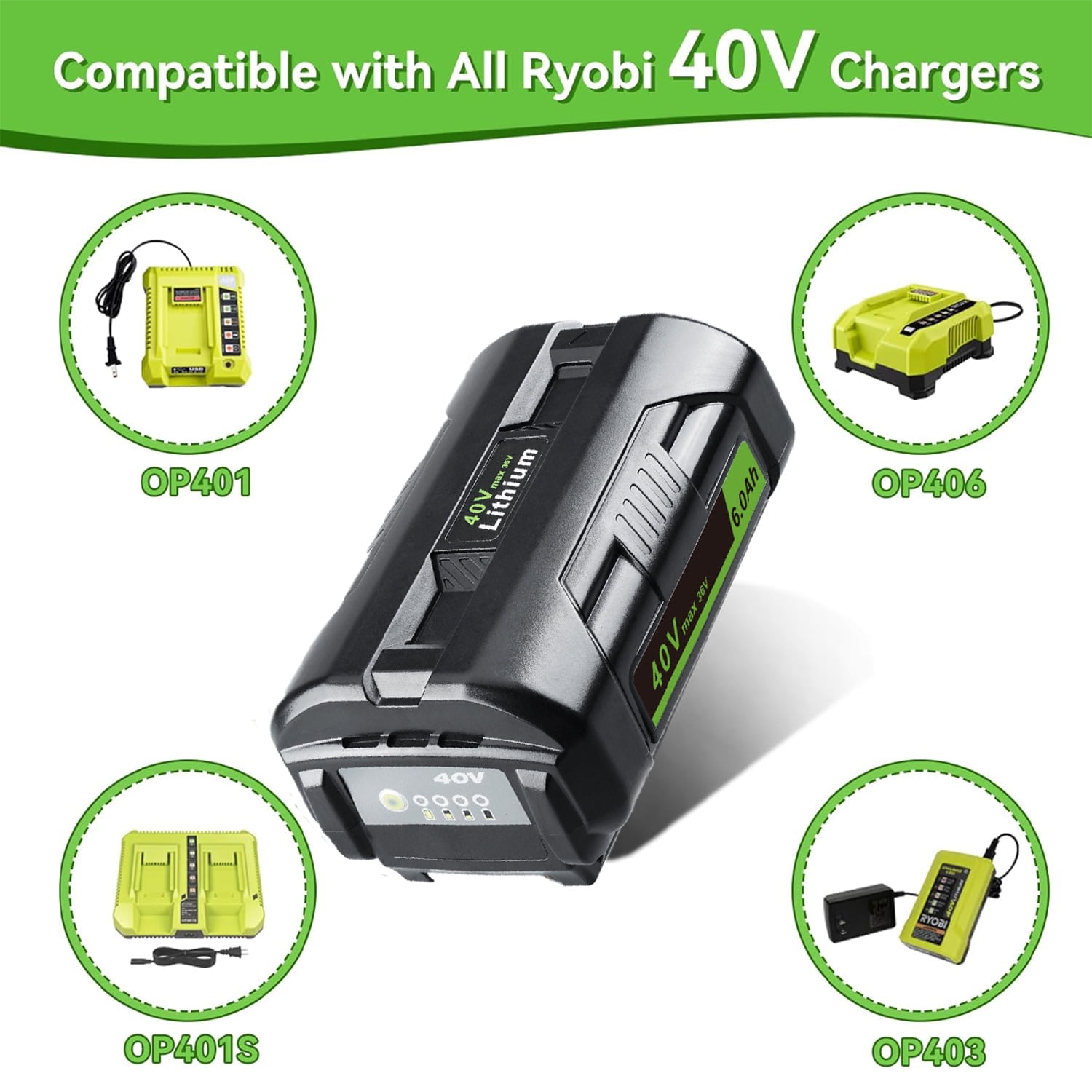 36V 6.0Ah Replacement for Ryobi 40V Battery OP4040 OP4026 OP4030 OP4050 OP4060A OP40201 ZROP4026, Compatible with 40 Volt Ryobi Lithium Battery, Power Tools and Chargers
