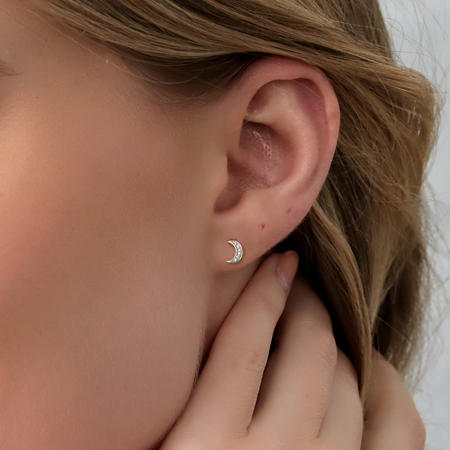 Gem Stone King 10K Yellow Gold White Lab Grown Diamond Crescent Half Moon Stud Earrings | Gold Earrings for Women Men