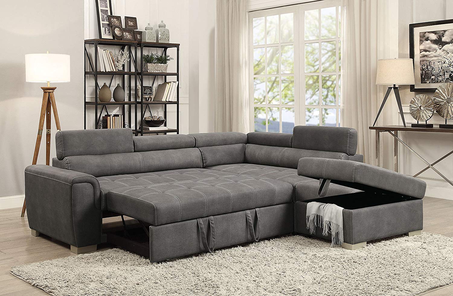 ACME Thelma Sectional Sleeper Sofa and Ottoman in Gray Polished Microfiber - image 4 of 5