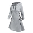 thumbnail image 3 of BSDJILFG Womens Hooded Dress Casual Drawstring Long Sleeve V Neck Slim Fit Short Sweatshirt Mini Dress Fall, 3 of 5