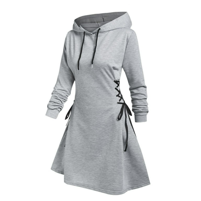 UTSJKR Women's Hoodie Dress Drawstring Long Sleeve Side Lace Up Bodycon  Tunic Sweatshirt Dress Classic Solid Slim Fit Pullover Mini Dress Gray XL -  Walmart.com