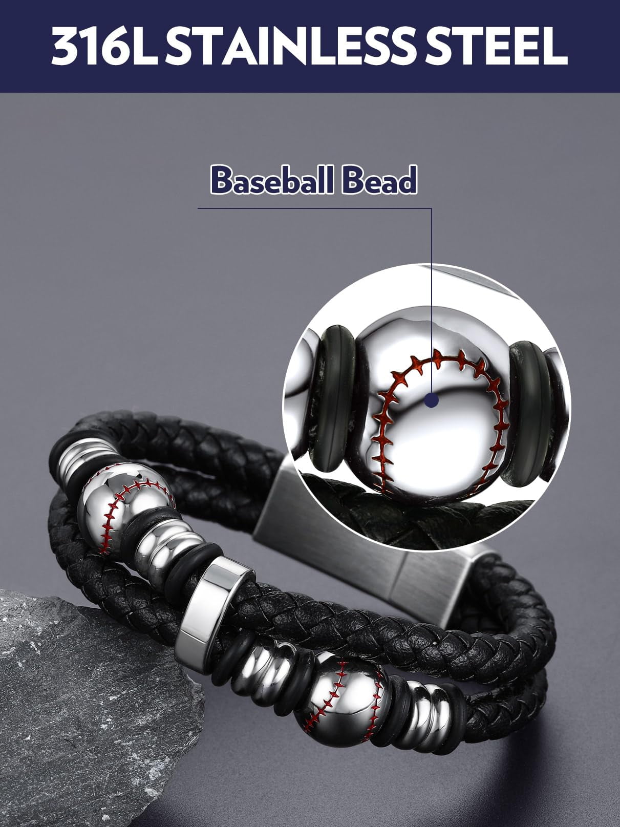 Bandmax Black Leather Bracelets for Men Double-Layer Baseball Braided Rope Bracelet with Stainless Steel Baseball Beads Wristband Wrist Bangle for Birthday Gift