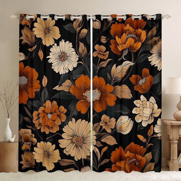 Homewish Rustic Flower Floral Black Out Curtains,Country Plant Curtains Pack of 2 (42x63 Each),Brown Orange Black Bedroom Curtains For Teens,Luxury Bedroom Decor