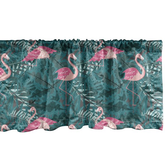 Ambesonne Flamingo Window Valance, Tropic Birds on Leaves, 54" X 18", Teal and Pink