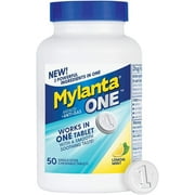 Mylanta One Chewable Antacid & Anti-Gas Tablets for Heartburn and Gas, Lemon Mint, 50 Count