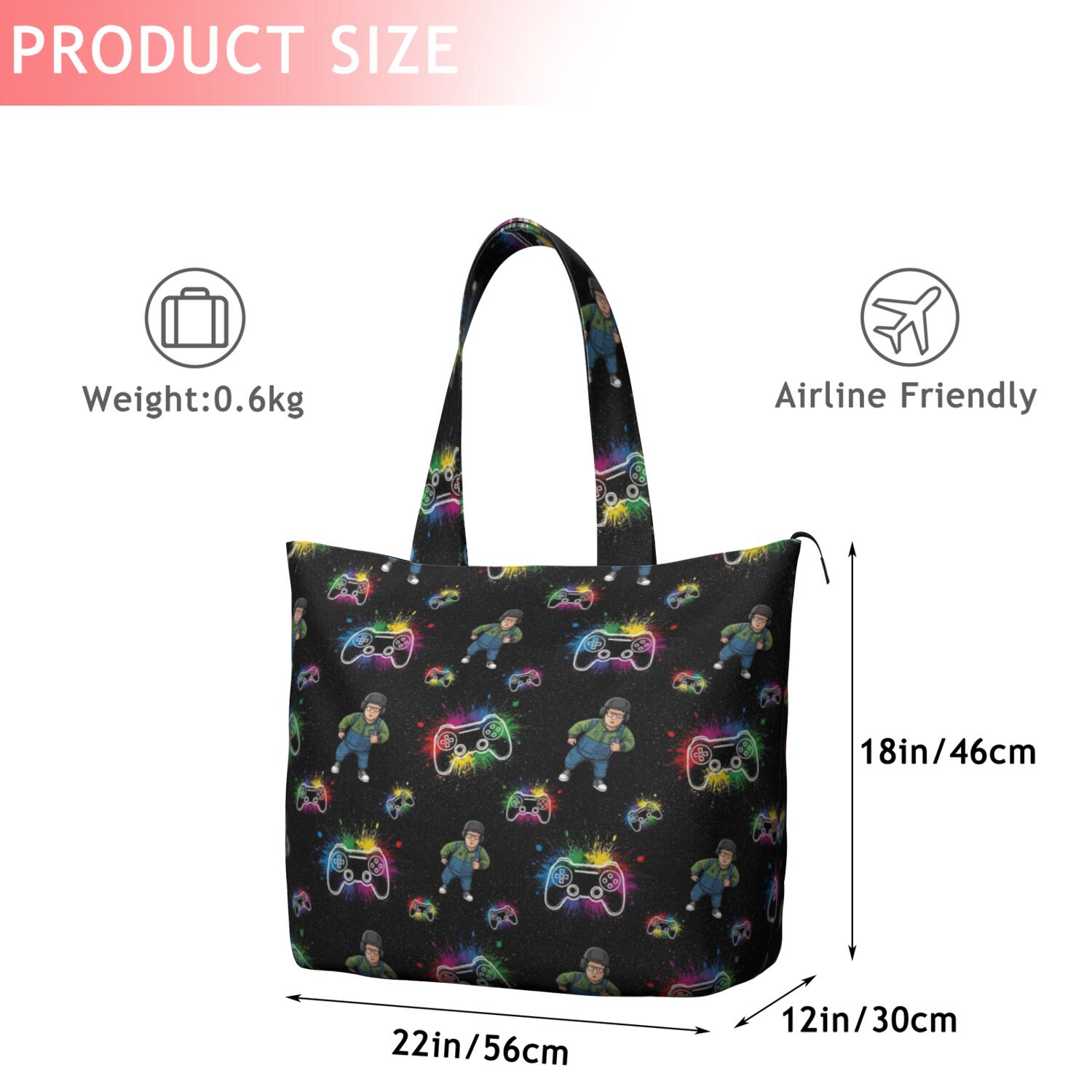 Multicolor Controllers Games Characters Black Pattern Travel Tote Bags for Women Carry On,Large Weekender Bags for Women Travel,Multi Functional Duffle Bag for Work,Shopping,Sports