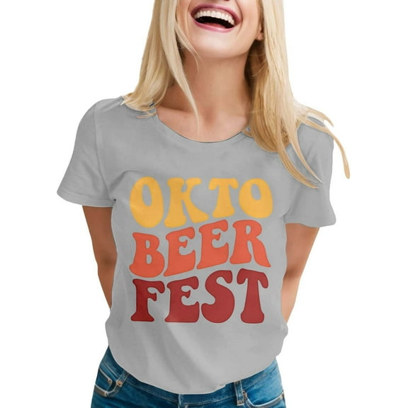 MIXUE Womens Tops Summer Oktoberfest Letter Graphic Crew Neck Short Sleeve Casual Party Tshirts Outwear,Gray,L