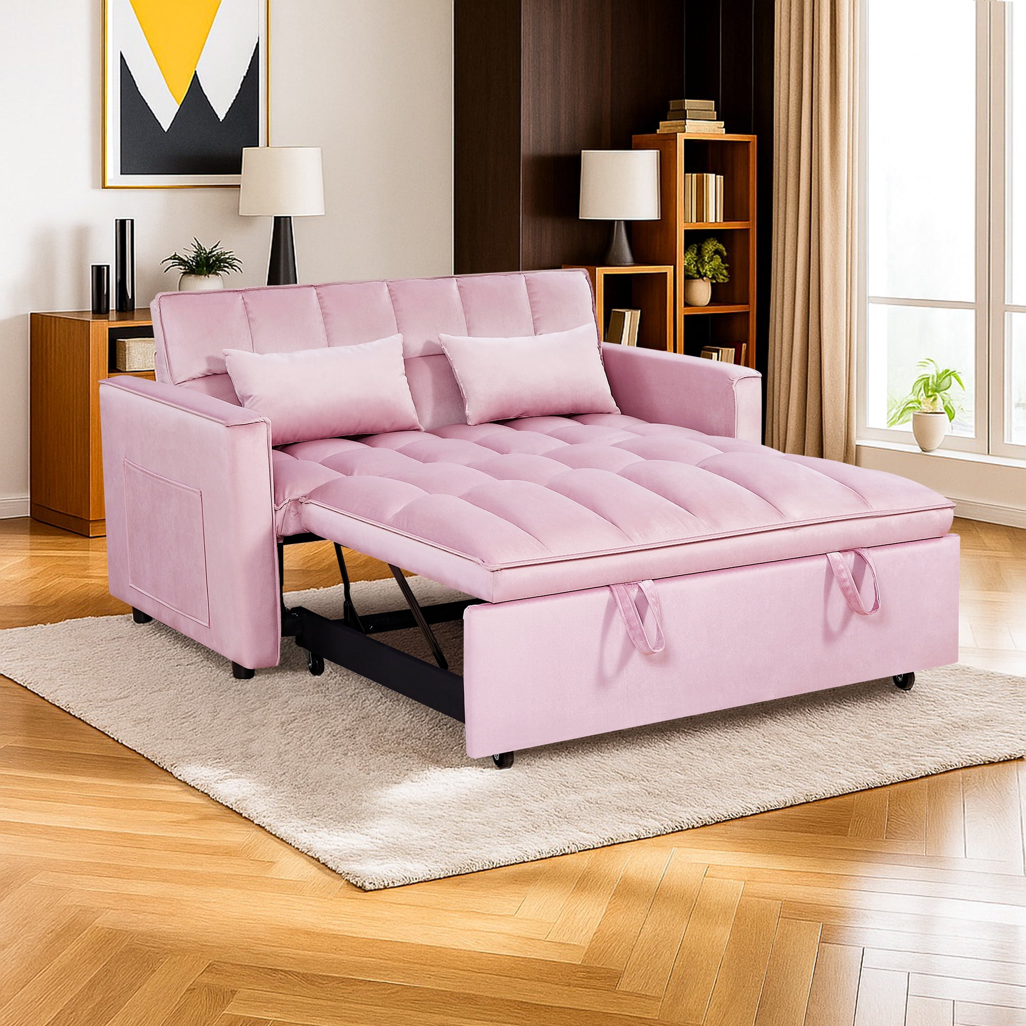 Demi Bonn 3 in 1 Convertible Sleeper Sofa Bed with Side Pocket, Adjustable Backrest Velvet Futon Couches for Living Room, Pull Out Couch, Loveseat, Pink
