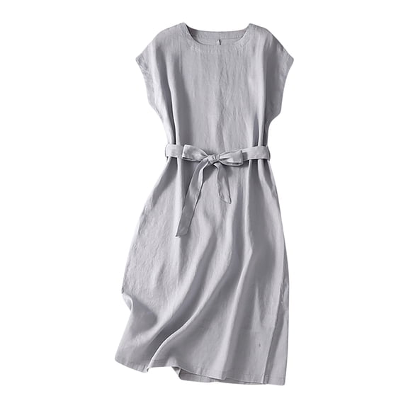Women's Cotton Linen Dresses Crewneck Cap Sleeve Midi Dresses Summer with Belt
