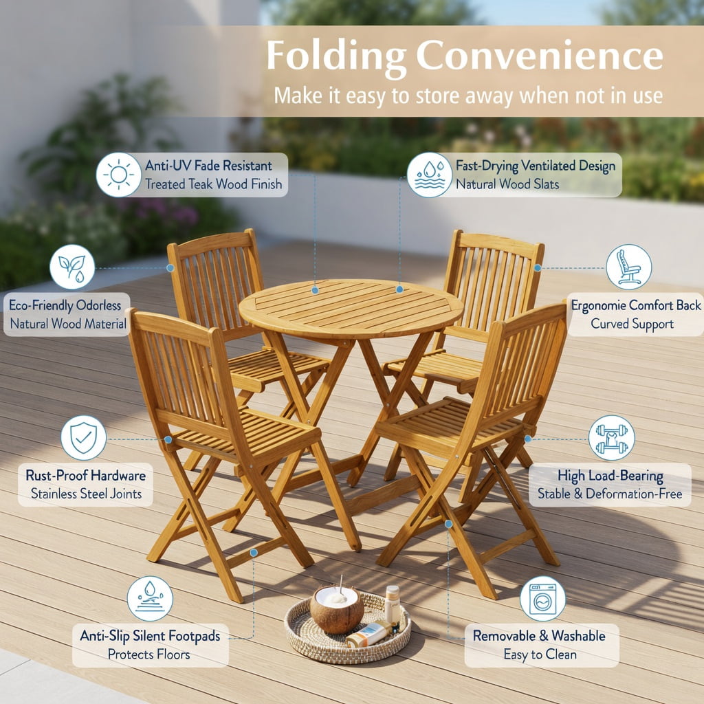 Hommoo 3-Piece Acacia Wood Folding Bistro Set with Removable Cushions, Outdoor Patio Chairs & Round Table for Balcony, Porch, Garden, Natural