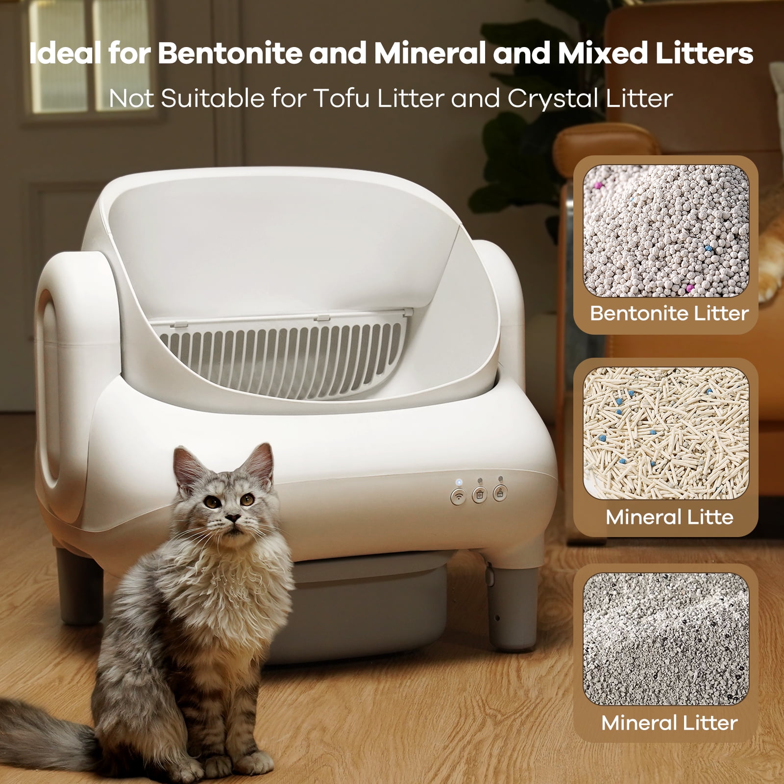 Self Cleaning Litter Box, 95 L Automatic Cat Litter Box Self Cleaning for Multiple Cats, with Safety Protection, App Control,1 Roll Garbage Bags,White