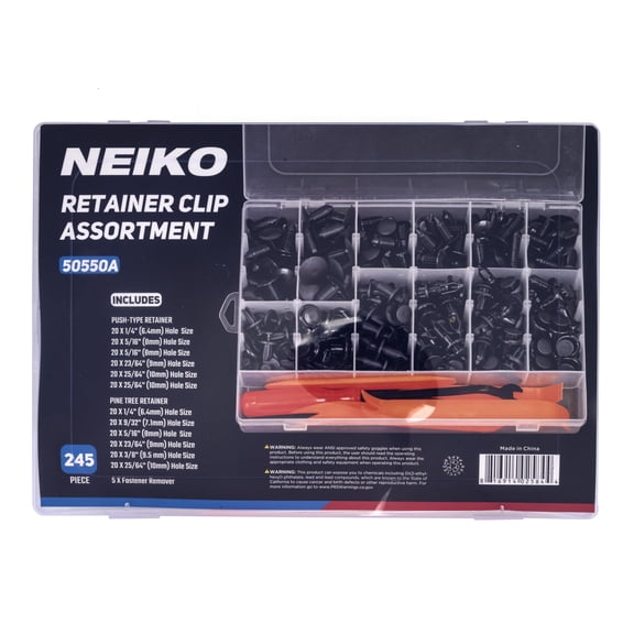 NEIKO 50550A Retainer Clips Assortment, 245pc Automotive Fasteners, Car Bumper Clip for Fender Liner, Door Panel Plastic Clips, Plastic Rivets, Trim Removal Pry Bar Tool, GM, Toyota, Ford, Honda