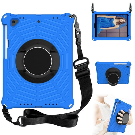 Dteck Kids Case for 9.7" iPad 6th Gen/iPad 5th Gen/iPad Air 2/iPad Air 1st Gen/iPad Pro 9.7", Heavy Silicone Shockproof Case Kids Friendly Cover with Shoulder Strap/Handle Stand, Blue