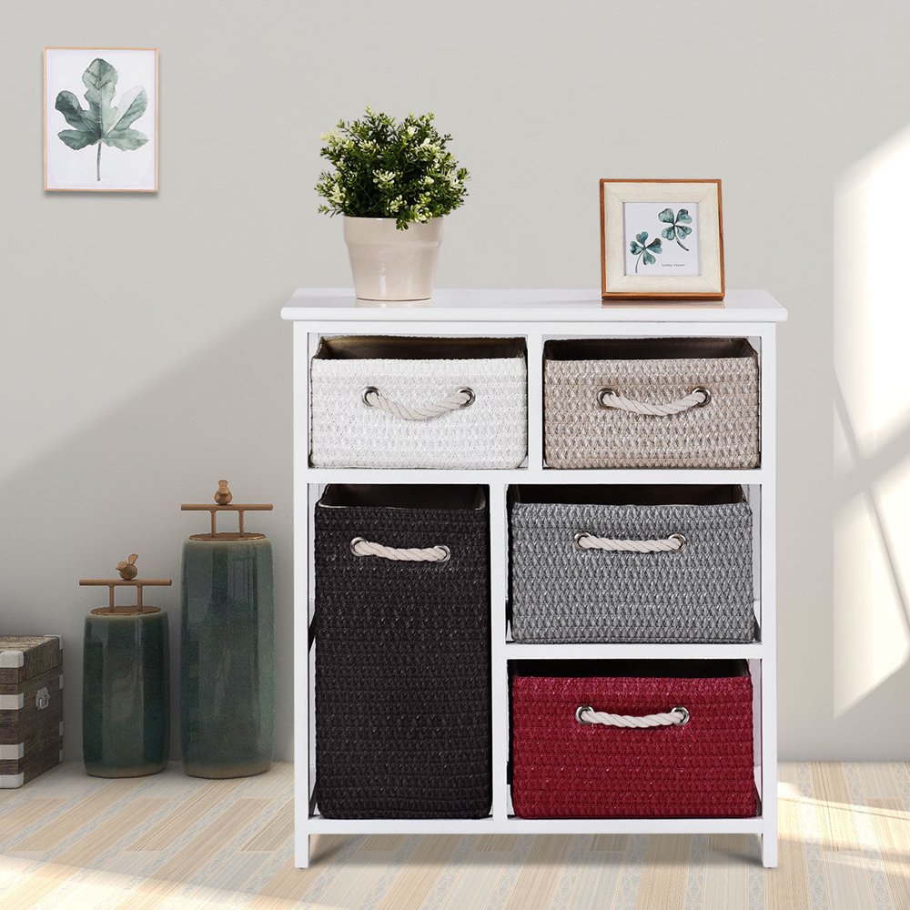 Gymax Nightstands Storage Drawer Unit 5 Woven Basket Chest