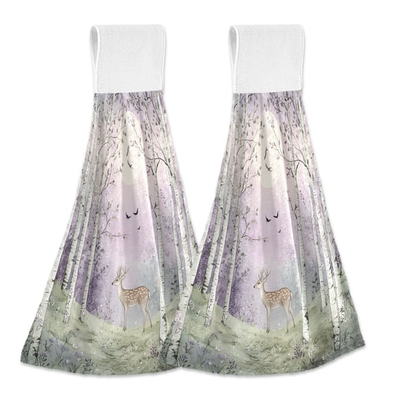 Yayeee Kitchen Hanging Hand Towels Set of 2 with Loop Bathroom Absorbent Tie Towel, Purple Deer