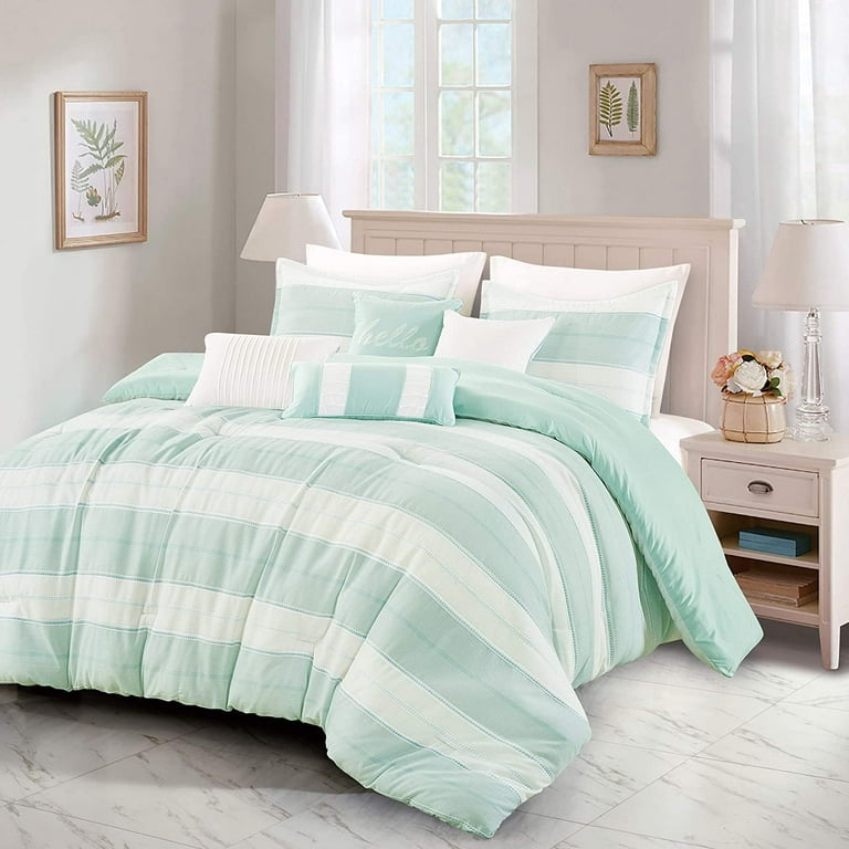 Queen Comforter Set 7 Piece Stripes Cotton Blend Soft Lightweight