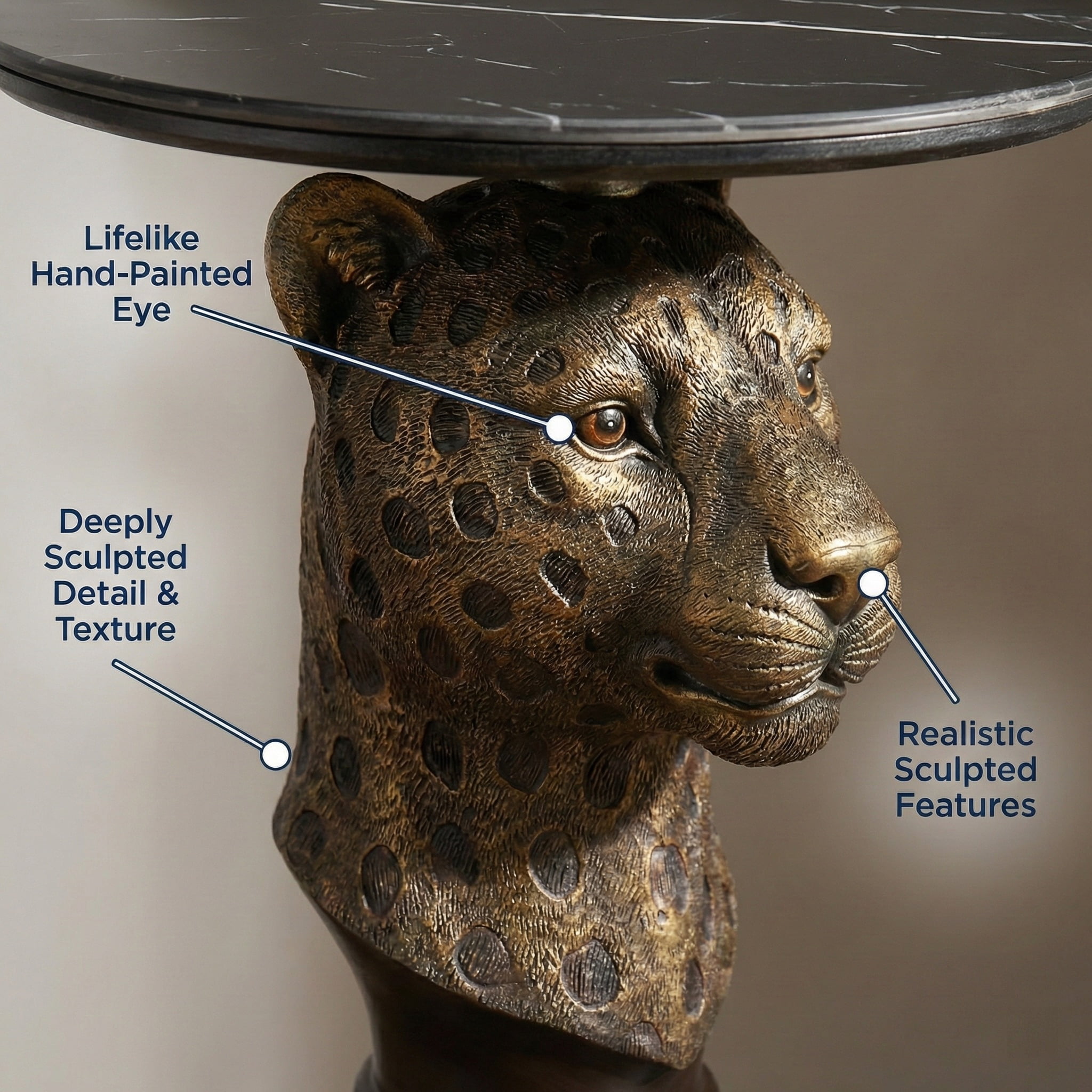 Leopard Head Accent Table, Animal Statue End Table with Faux Marble Top, Resin Sculpture Side Table for Living Room, Hallway, Boutique Display, Antique Brown