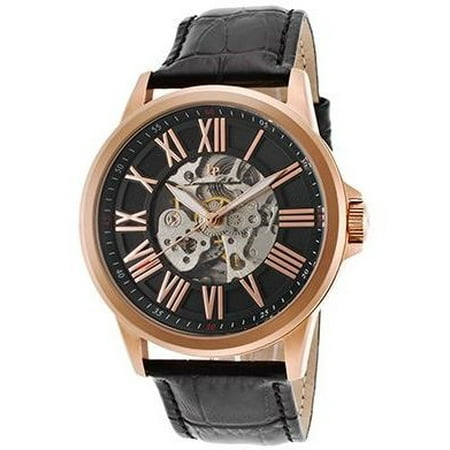 Lucien Piccard Calypso Auto Black Genuine Leather and Dial Rose-Tone Case Watch