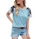 thumbnail image 3 of Ficarrico Mujer Cuello Redondo Top Camisa De Manga Corta Empalme A Rayas Impreso Top Verano Causal Blusa Azul XL, 3 of 6