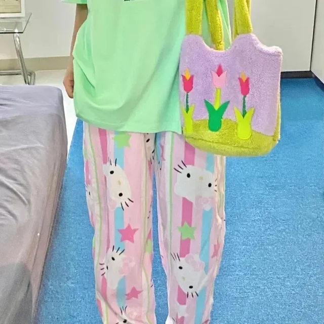 Pijama rosa de niña Lolita, pantalones de rayas Y2k de Hello Kitty, pijamas nuevos para mujer, pantalones casuales holgados de primavera y verano con dibujos animados de Sanrio