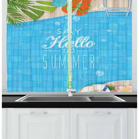 - Hello Summer Curtains 2 Panels Set, Top View of Swimming Pool with Clean Water Flip Flops and Flippers Fun Holiday, Window Drapes for Living Room Bedroom, 55W X 39L Inches, Multicolor, by Ambesonne