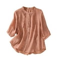 thumbnail image 1 of AherBiu Chemises pour Femmes Manches 3/4 Coton Lin Chemises Boutonnées Col Rond Blouse Décontractée Ample Hauts, 1 of 7