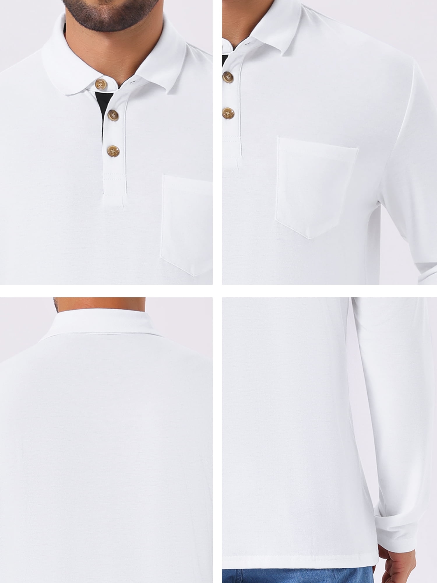 DARING DIVA Men's Contrast Button Collared Long Sleeves Golf Polo T-Shirts 2XL White