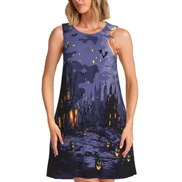 Balery Mystery House Halloween Night Vestidos de verano para mujer con estampado: vestido holgado sin mangas, vestido playero informal y cómodo para días calurosos.