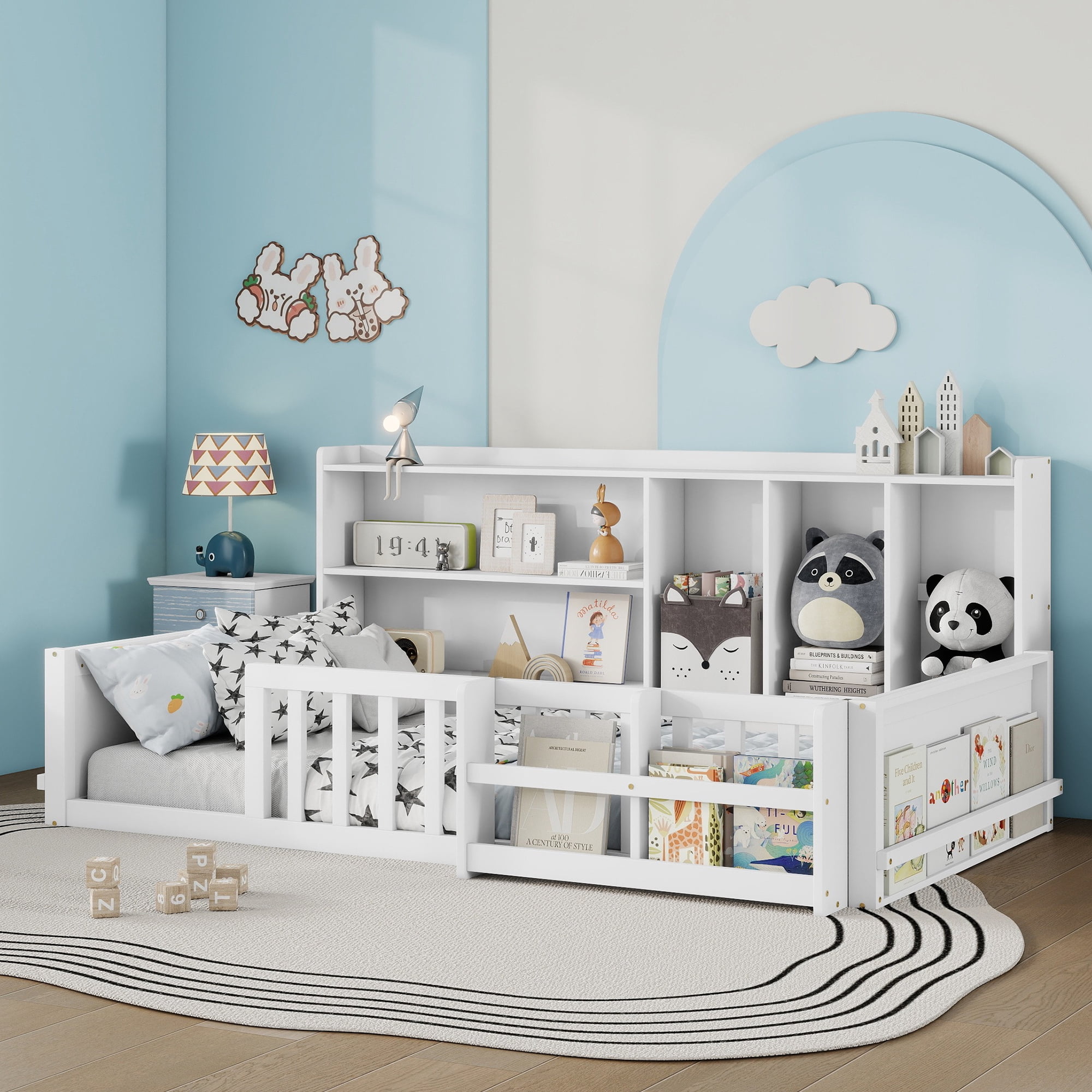 Mintazer Twin Size Montessori Floor Bed with Bookshelf & Guardrails, Kids Platform Bed Frame with Storage Cubbies for Bedroom, White