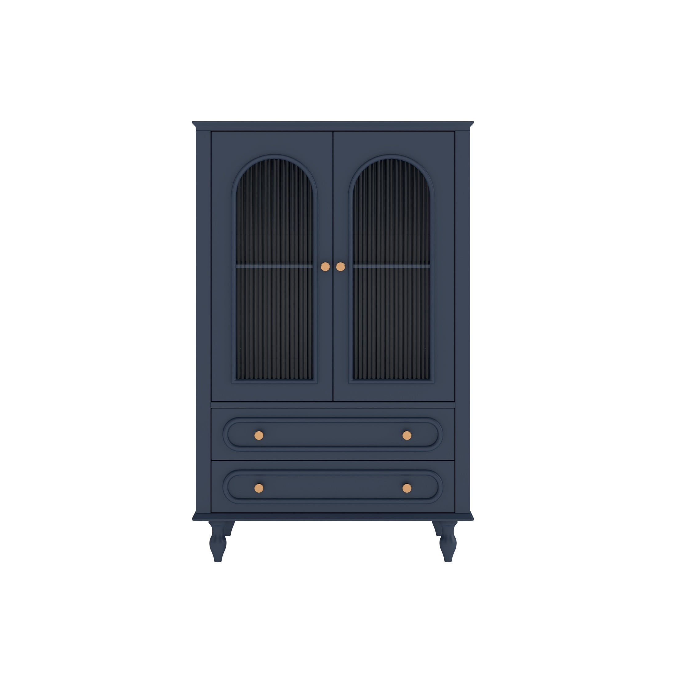 Noble House 46.5" Wooden Glass Display Cabinet with Ribbed Glass Doors, Adjustable Shelf & Storage Drawers, Navy Blue