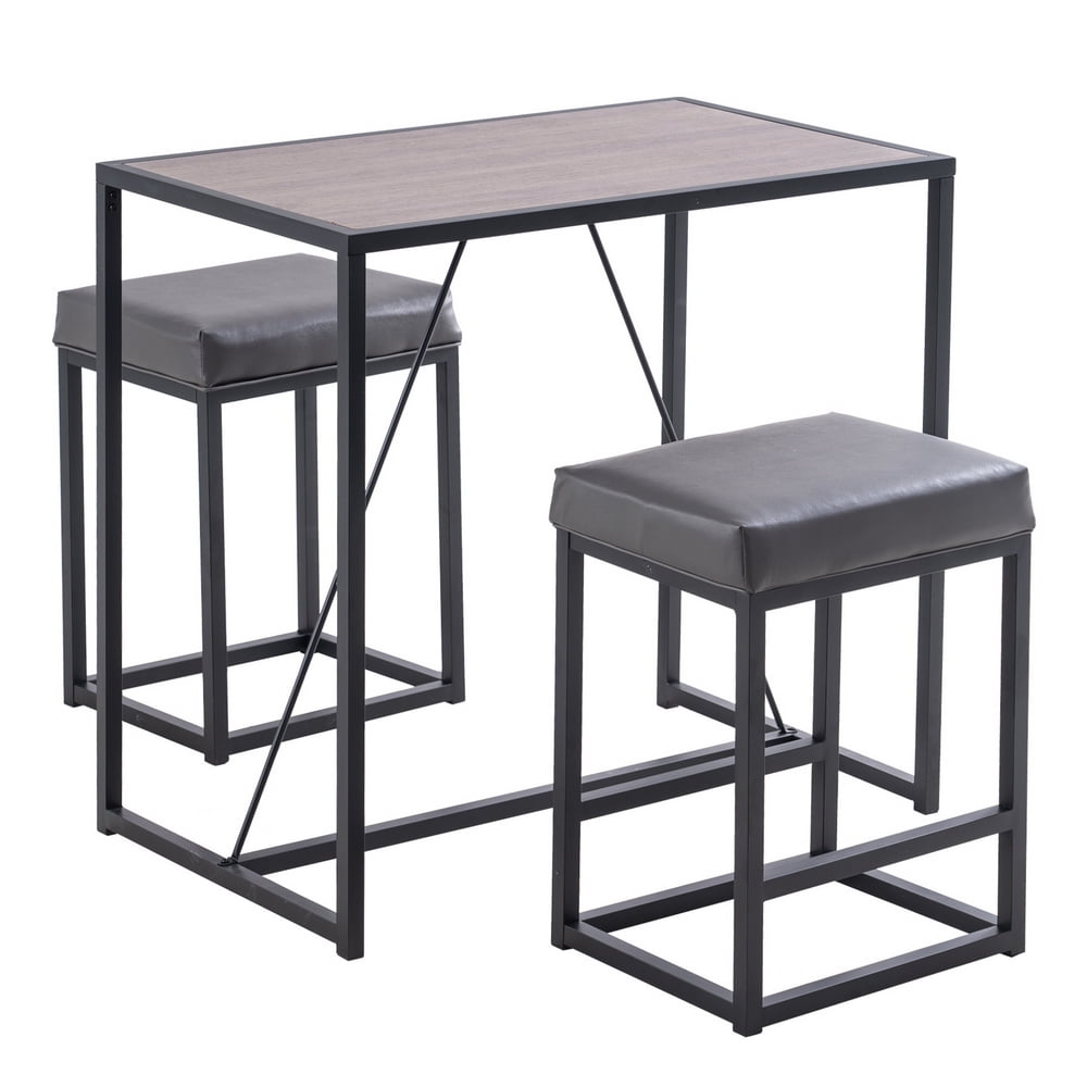 Lowestbest 3 Piece Dining Table Set, Kitchen Table and 2 PU Stools, Walnut & Gray Lowestbest 3 Piece Dining Table Set, Kitchen Table and 2 PU Stools, Walnut & Gray