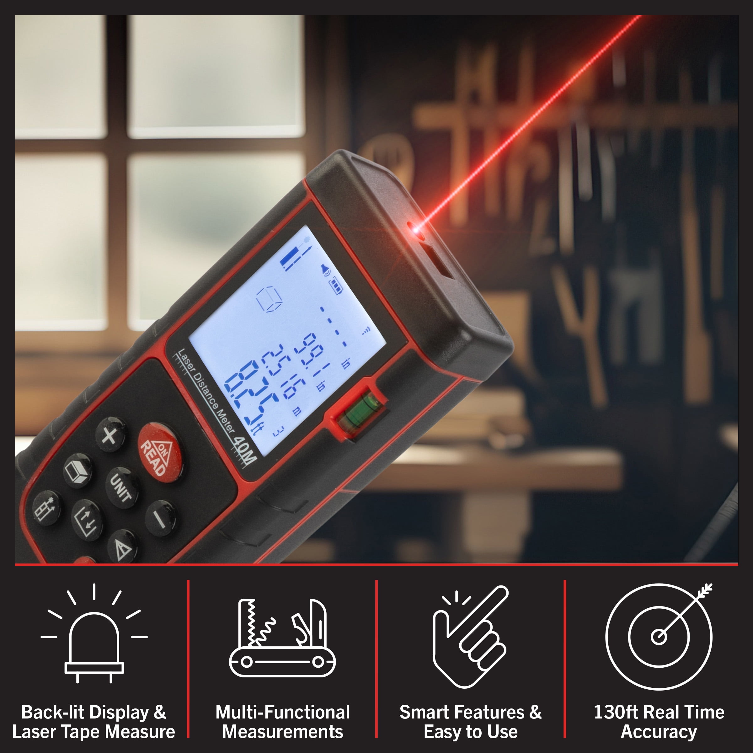 Stalwart Laser Measure Tool with 130FT Live Measuring and Backlit Display