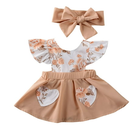 

Newborn Infant Toddler Baby Girl Outfit Short Sleeve Floral Dress Summer Clothes Headband 2Pcs Set 0-18M