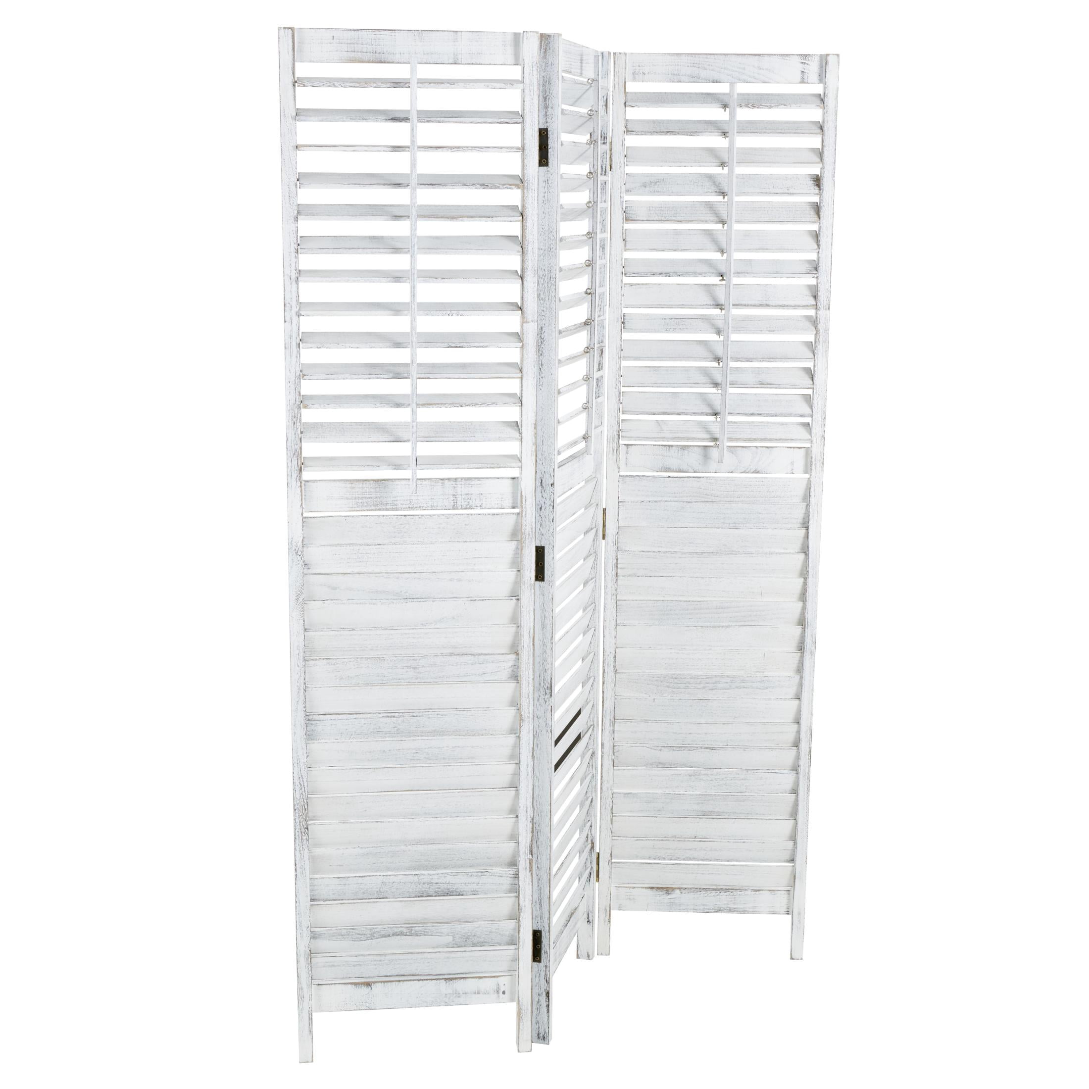 DecMode 47" x 67" White Wood Washed Shutter Top 3 Panel Room Divider Screen with Gray Distressing, 1-Piece