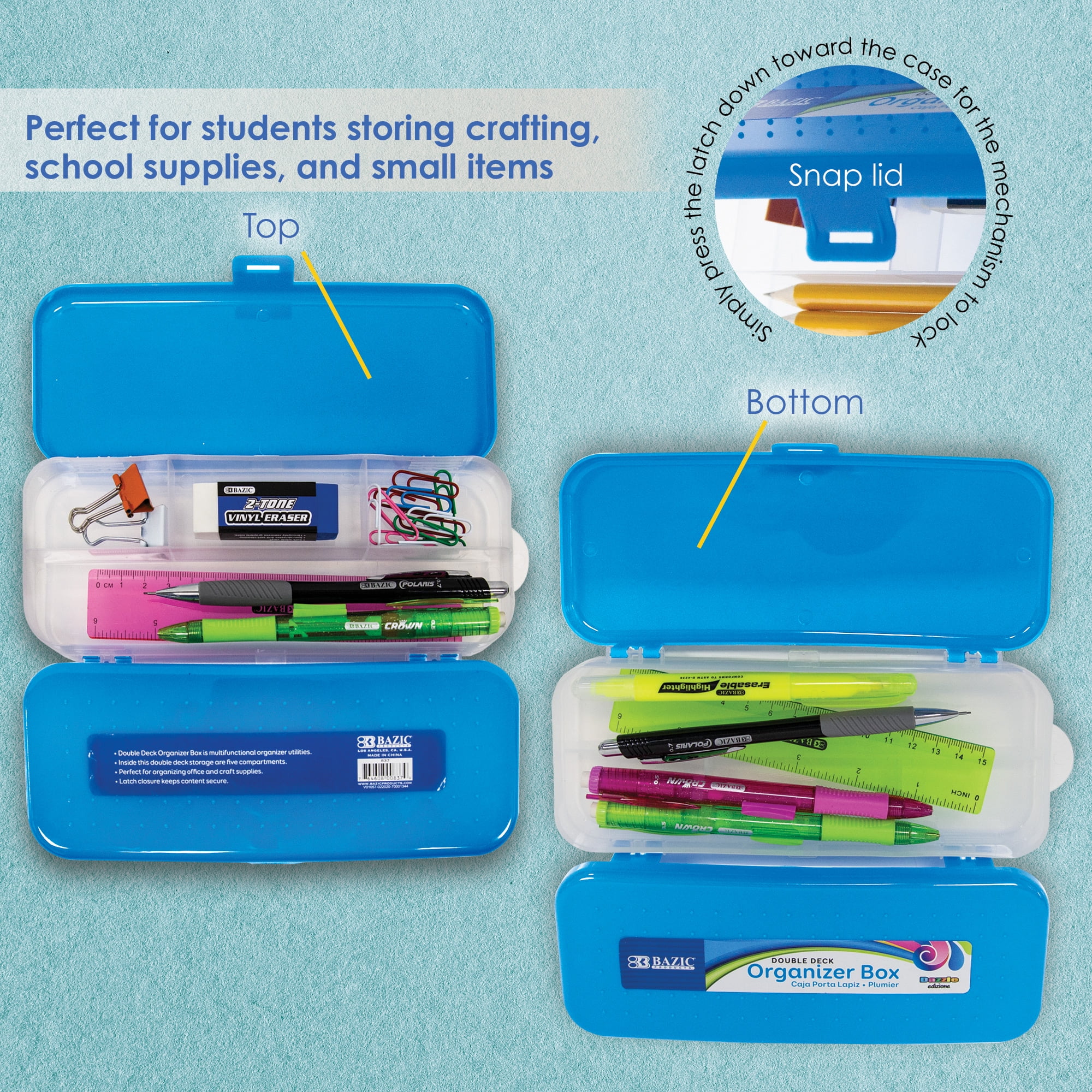 BAZIC 8" Double Deck Organizer, Plastic Pencil Case, Bright Color, 24-Pack