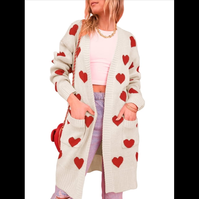 Suéter Cárdigan con Corazón para Mujer, Cuello en V, Abertura Frontal, Punto Acanalado, Abrigos con Bolsillos. Albaricoque M