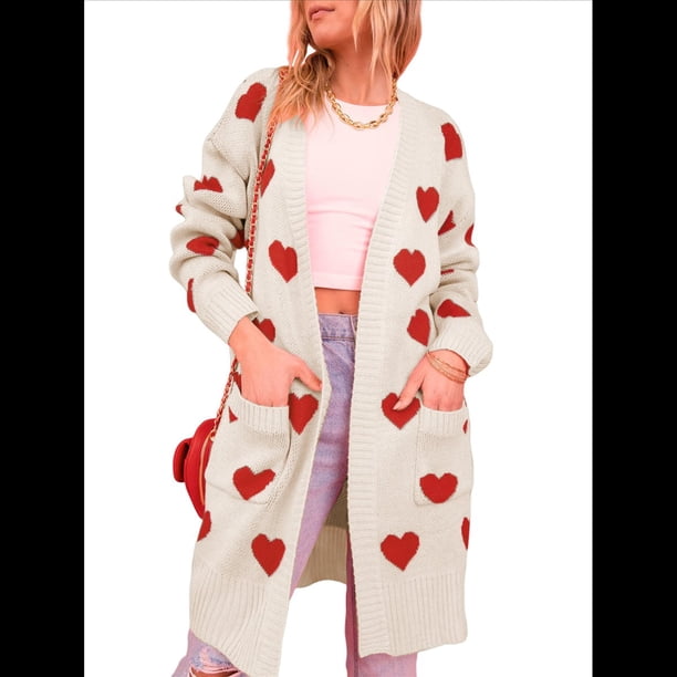 Suéter Cárdigan con Corazón para Mujer, Cuello en V, Abertura Frontal, Punto Acanalado, Abrigos con Bolsillos. Albaricoque M