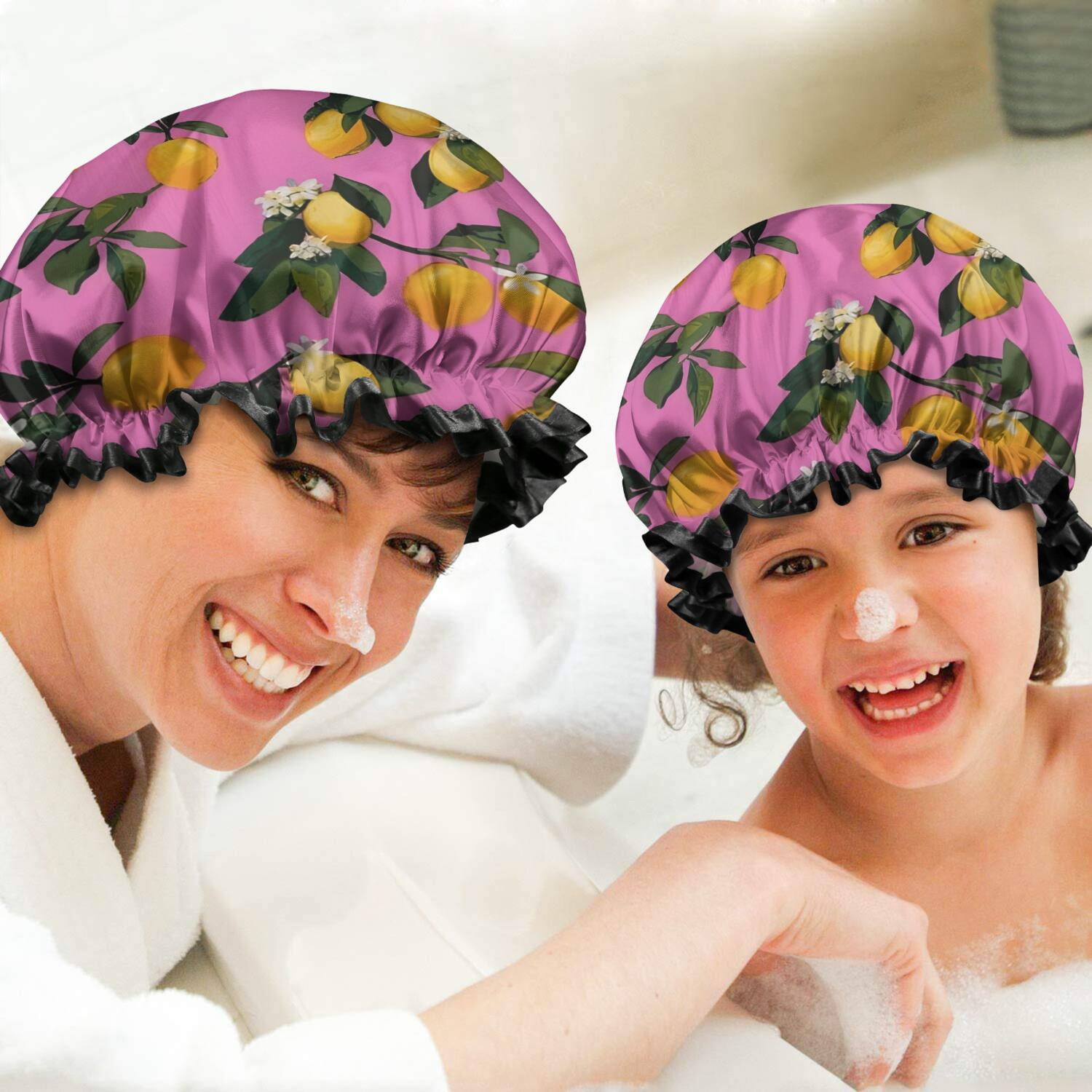 Shower Caps,Yellow Lemon Flowers Pink Pattern Waterproof Shower Cap for Women 4 Pieces,Double Reusable Hair Cover for Shower PEVA Elastic Stretch Hem