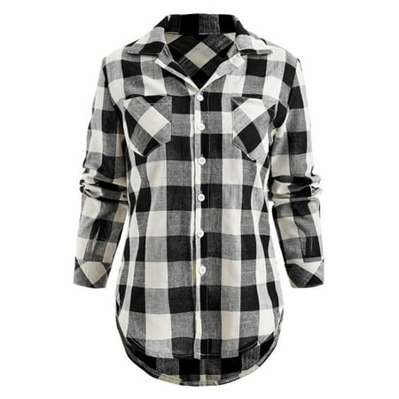 Women Flannel Plaid Shirt Button Down Collar Tops