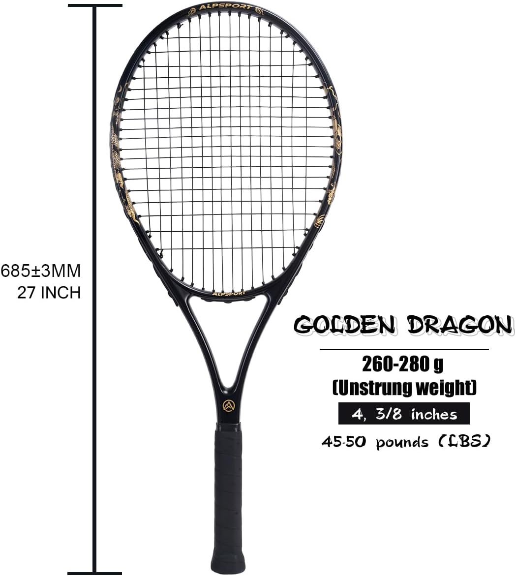 Golden Dragon Pattern Tennis Racket for Adults 27 inch,  Pre-Strung Racquet with 1 Tennis Bag and 2 Tennis Balls, Outdoor Recreational Sport for Beginner Playing
