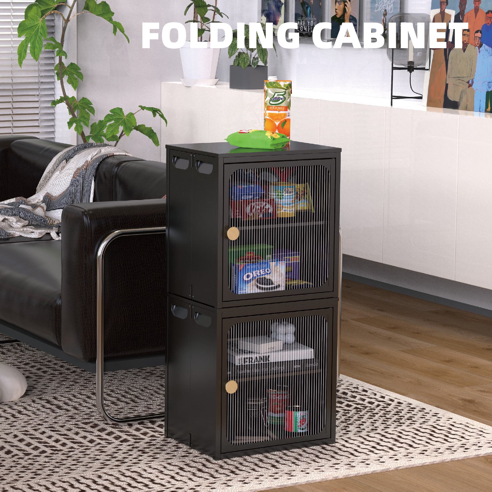 MAYEERTY Foldable Storage Cabinet, Steel-Wood Combo with Anti-Slip Design, Black