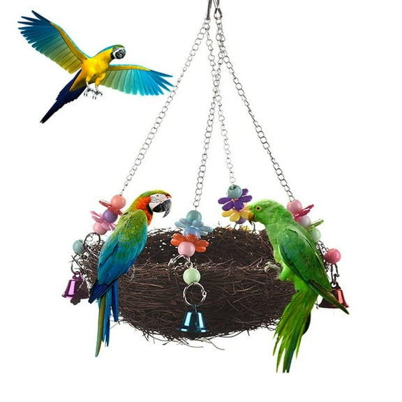 Pet Enjoy Natural Rattan Nest Bird Swing Toy with Bells,Hanging Bird Chewing Toy for Parrot Cockatoo Macaw Parakeet Cockatiel Conure Lovebird Finch Cage Perch