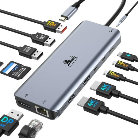USB C Laptop Docking Station 3 Monitors - 13 in 1 USB C Hub with 2 HDMI+DisplayPort+10Gbps USB A/C, 6 USB, 100W PD, Ethernet, SD/TF, Audio, LIONWEI USB C Dock for MacBook/Dell/HP/Surface