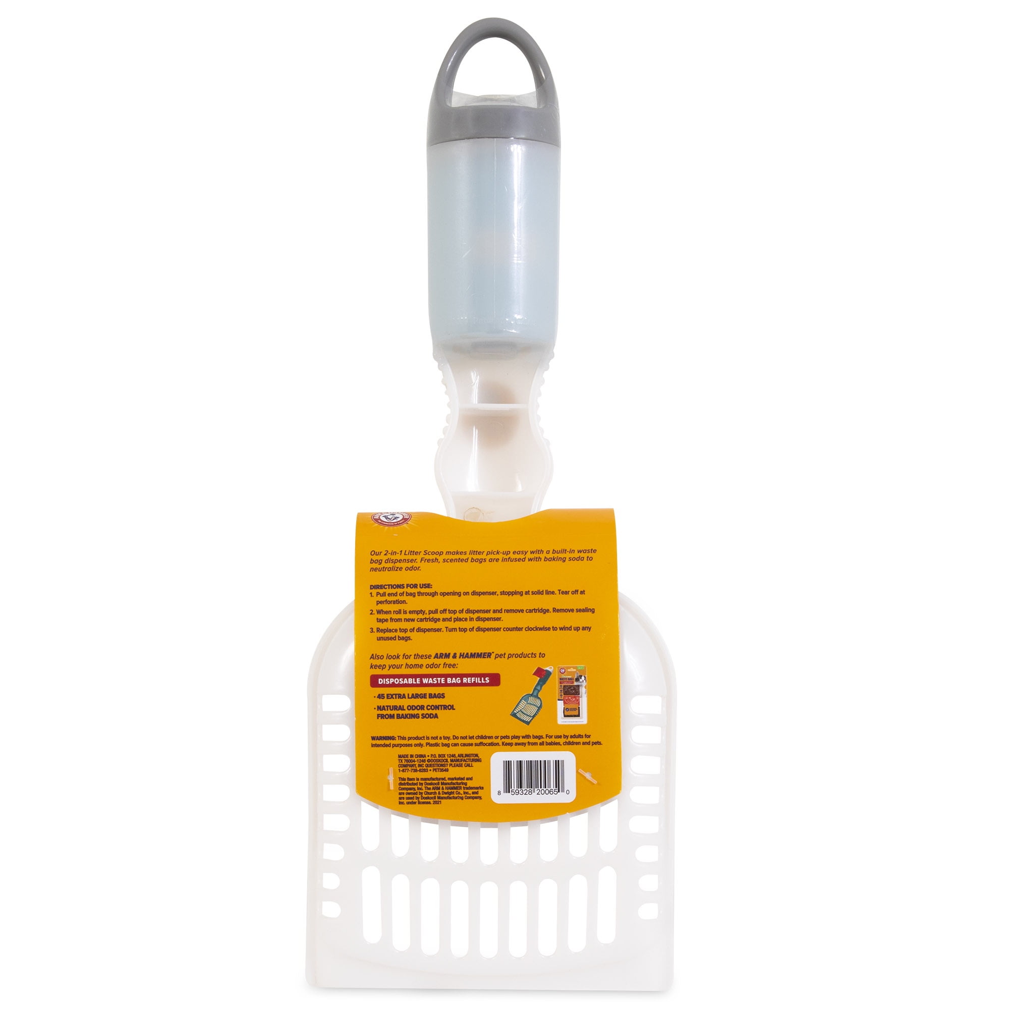 Arm & Hammer Deluxe 2-in-1 Plastic Cat Litter Scoop with Built-In Waste Bag Dispenser in Handle, 15 Fresh Scent Disposable Waste Bags Included, Assorted Colors